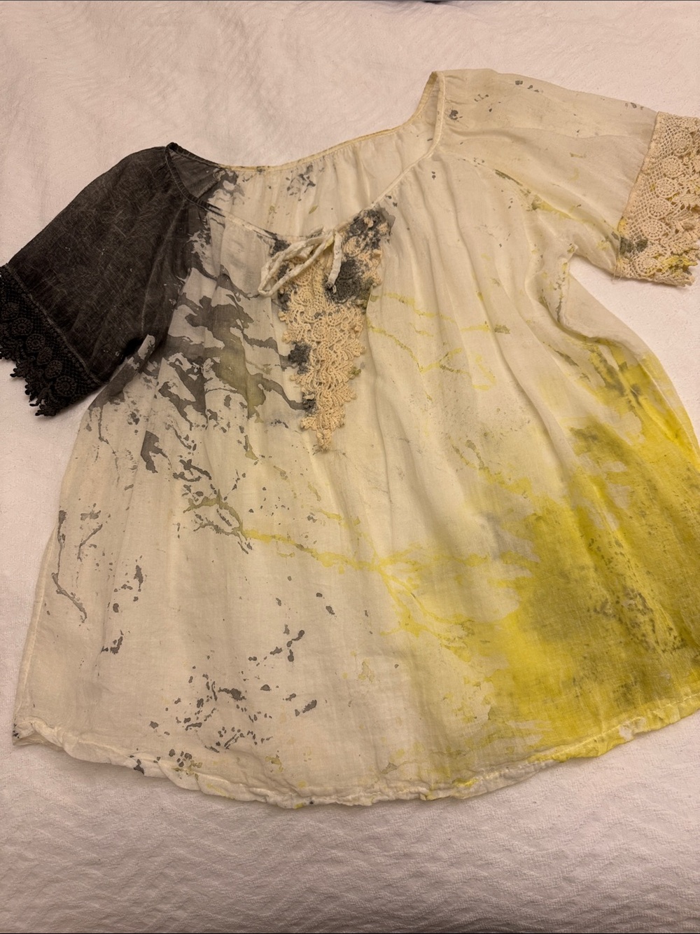 Girls' Cream & Yellow Tie-Dye Peasant Dress with Black Sleeve